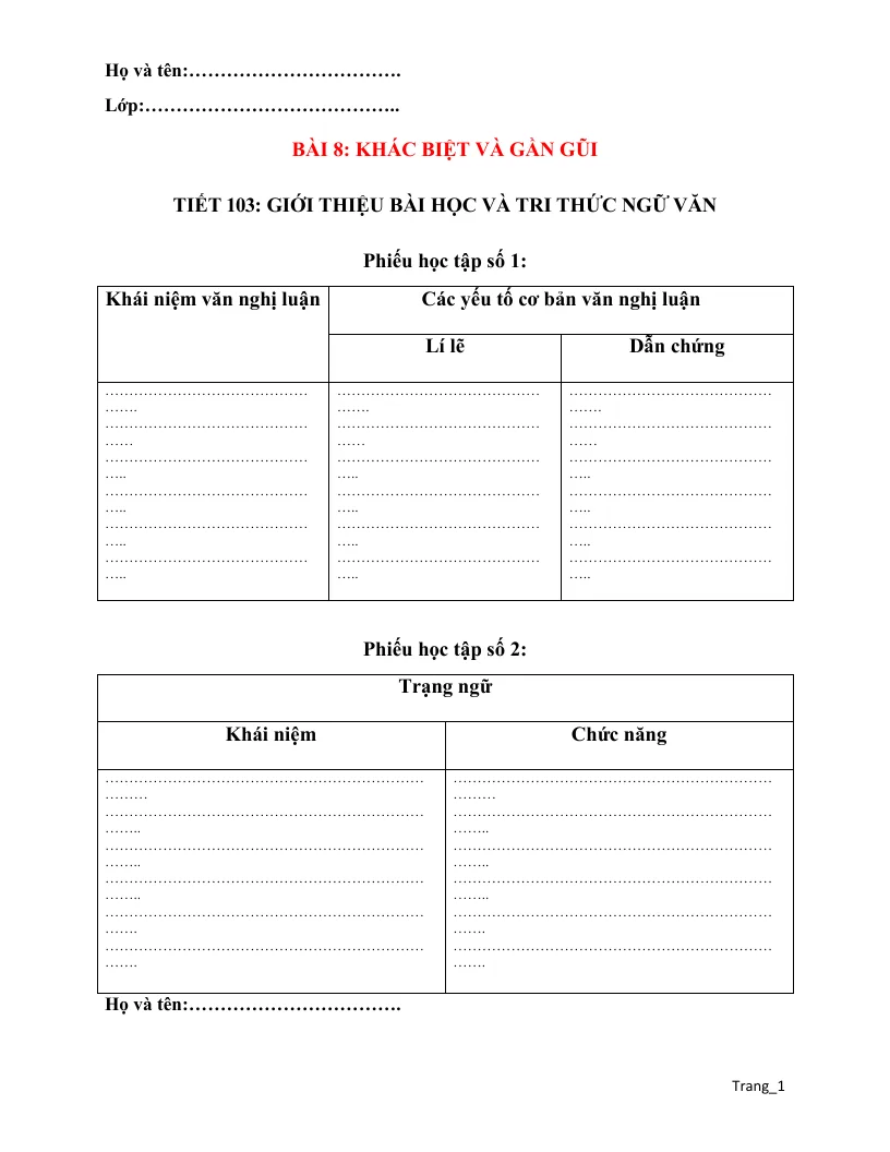 Phiếu Học Tập Văn 6 Bài 8 Khác Biệt Và Gần Gũi