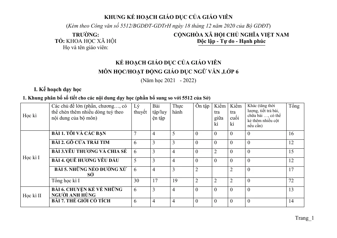Kế Hoạch Giáo Dục Văn 6 - Bộ 2