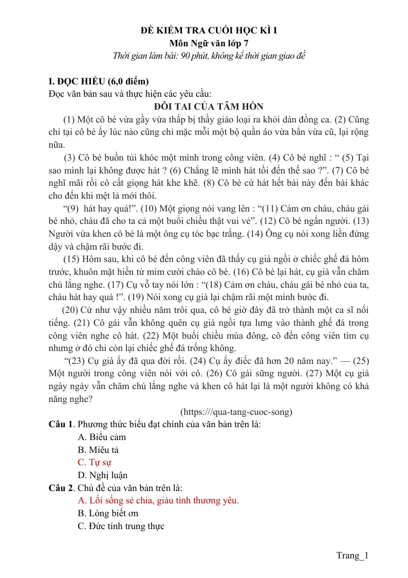 Bộ Đề Thi HK1 Văn 7 Năm 2022 - 2023