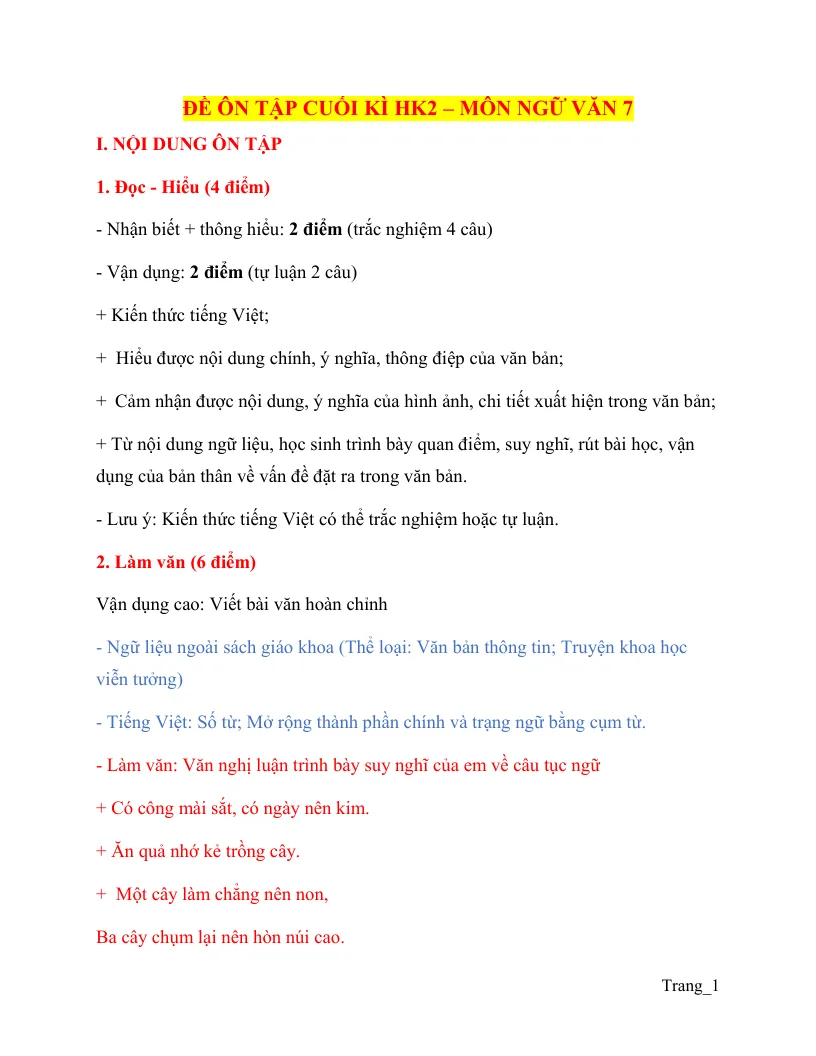 15 Đề Ôn Tập Học Kỳ 2 Ngữ Văn 7