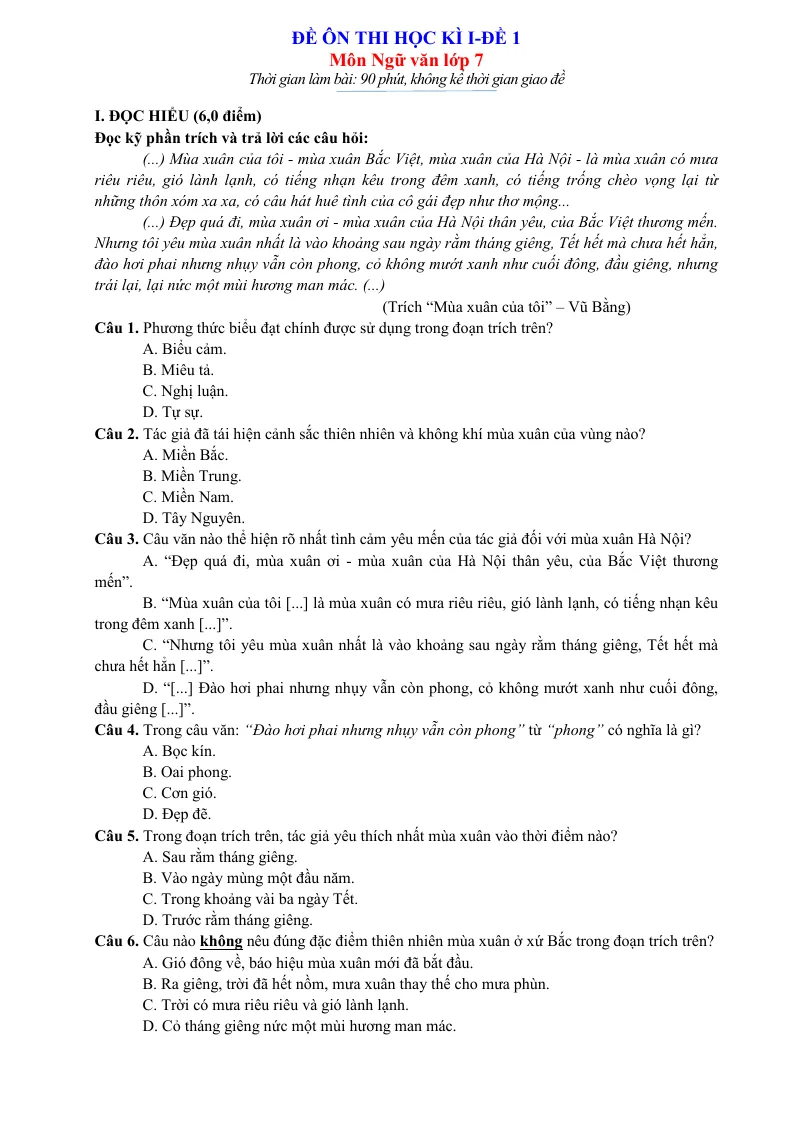 Đề Ôn Thi HK1 Ngữ Văn 7 CTST - Đề 1