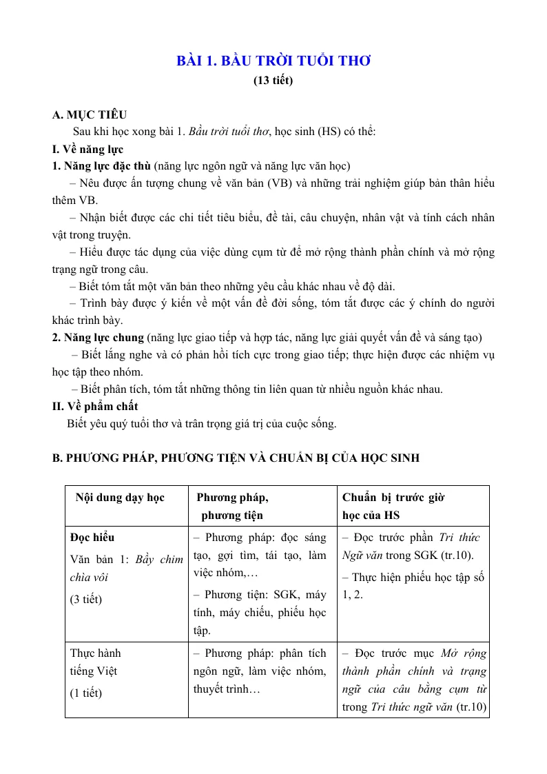 Giáo Án Văn 7 Bài 1 Bầu Trời Tuổi Thơ