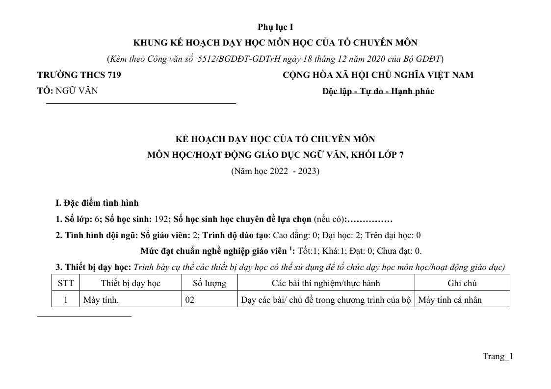 Kế Hoạch Giáo Dục Ngữ Văn 7