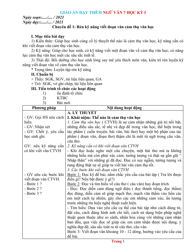 Giáo Án Dạy Thêm Văn 7 Học Kỳ 1 Rất Hay File