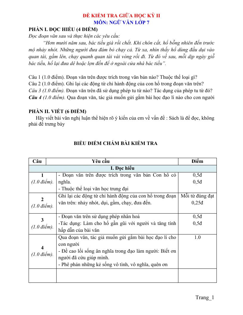 Đề Kiểm Tra Giữa HK2 Văn 7 Có Đáp Án Và Ma Trận
