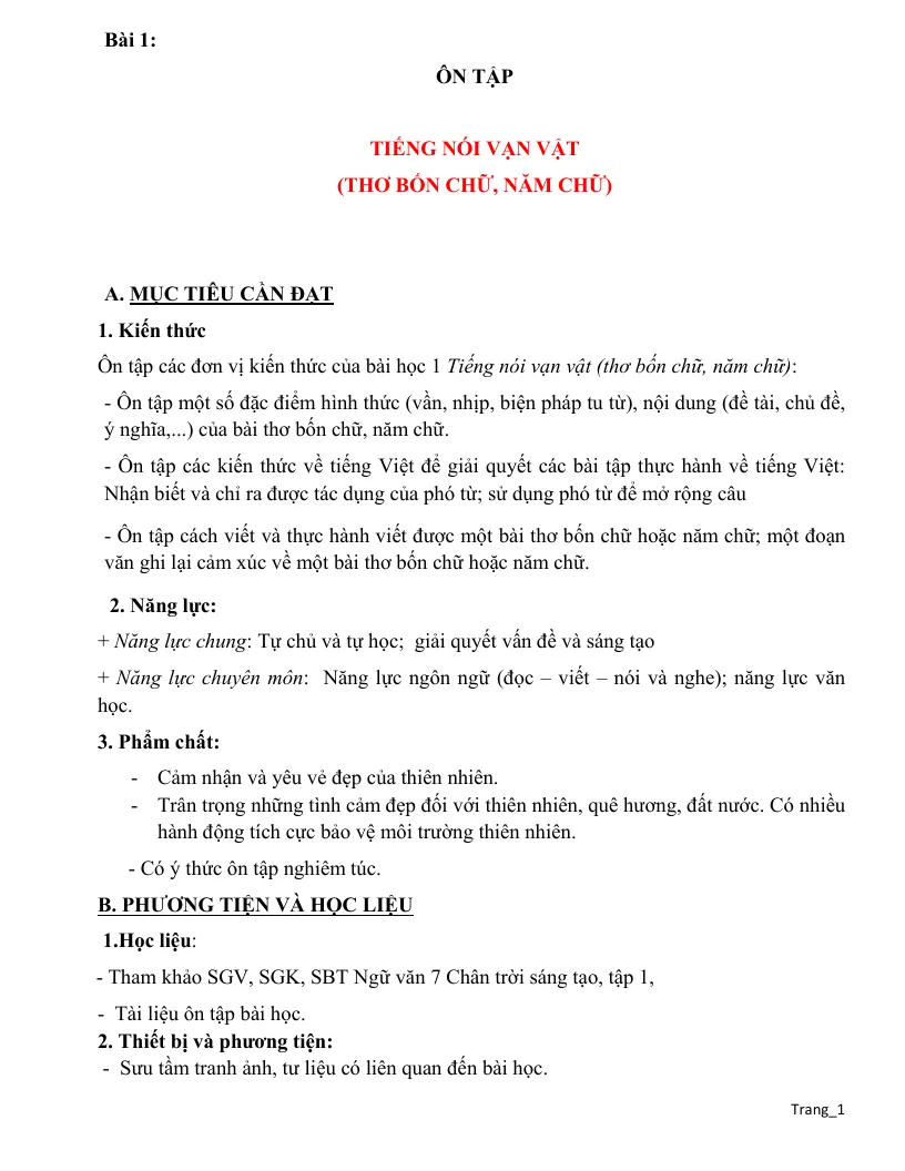 Giáo Án Dạy Thêm Ngữ Văn Lớp 7 Học Kỳ 1