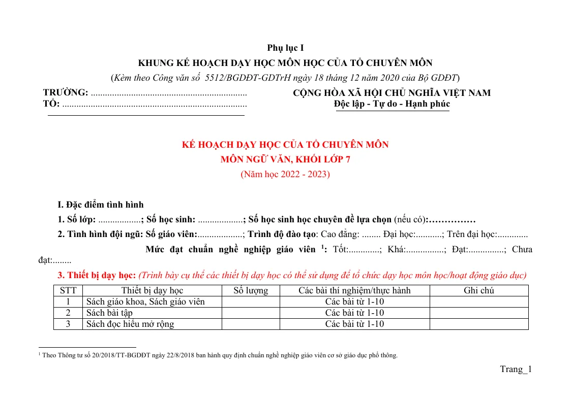 Kế Hoạch Dạy Học Ngữ Văn 7