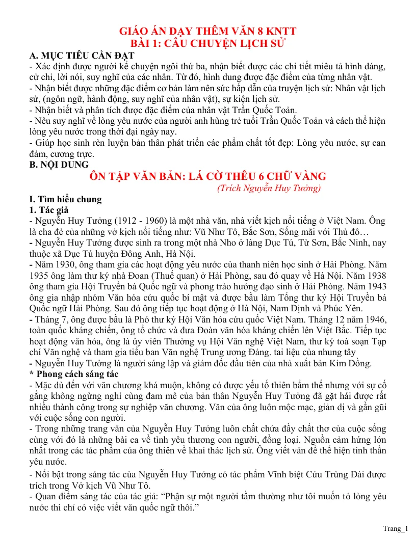 Giáo Án Dạy Thêm Ngữ Văn 8 Học Kỳ 1