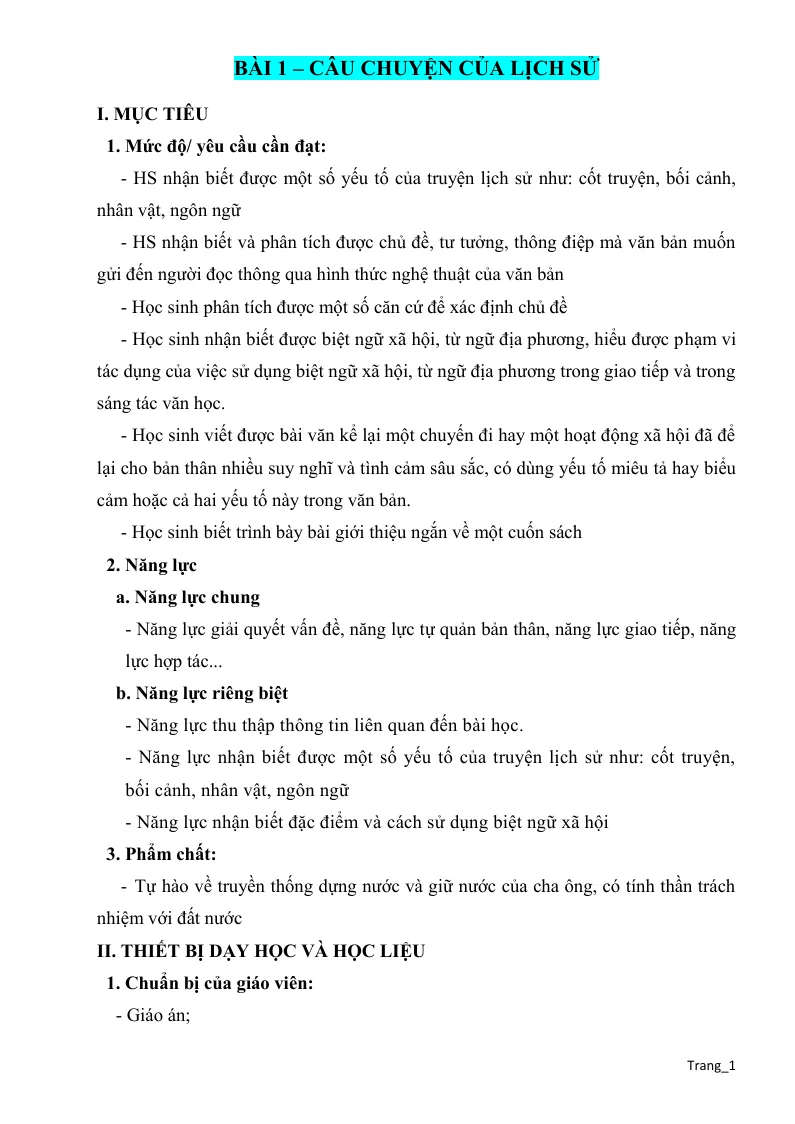 Giáo Án Ngữ Văn 8 Bài 1 Câu Chuyện Của Lịch Sử