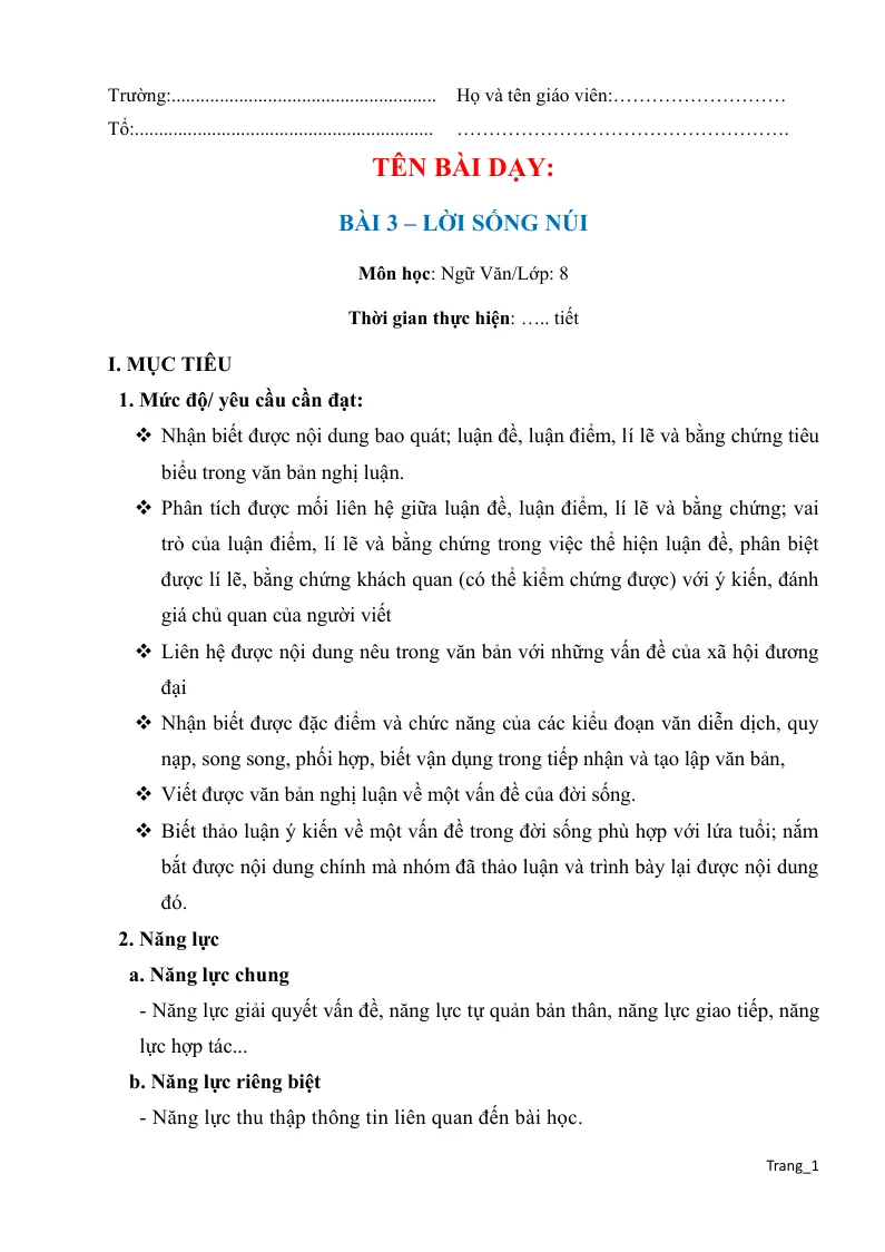 Giáo Án Ngữ Văn 8 Bài 3 Lời Sống Núi