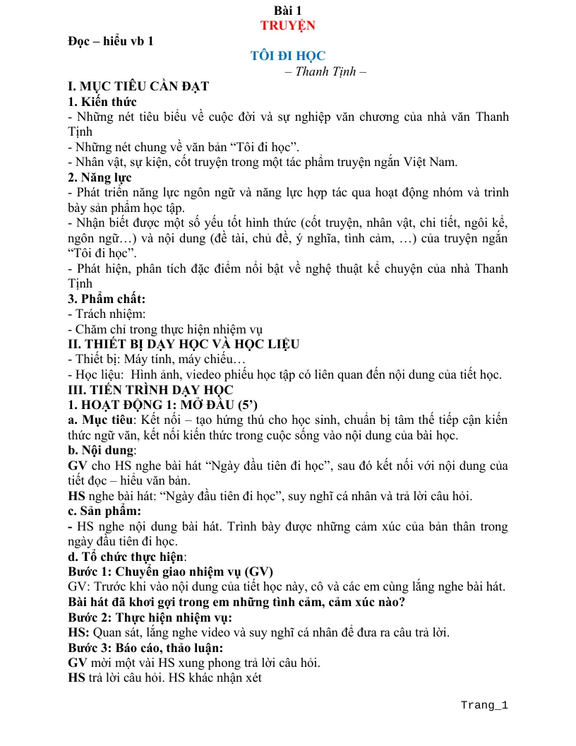 Giáo Án Ngữ Văn 8 Bài 1 Truyện Ngắn