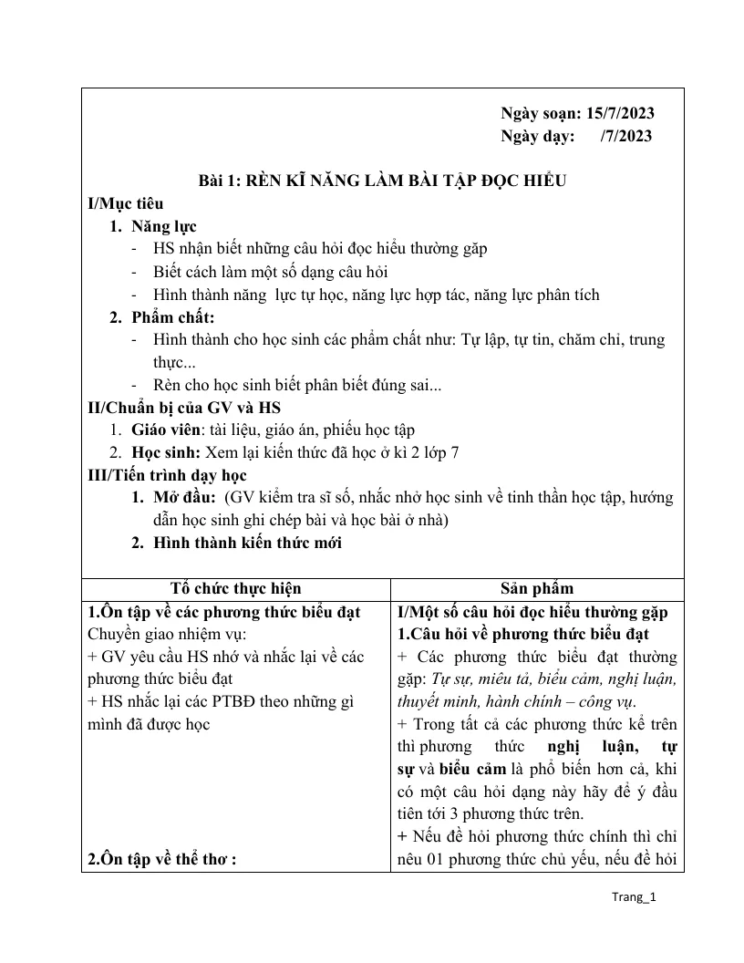 Giáo Án Ôn Tập Hè Môn Ngữ Văn Lớp 8 Đầy Đủ