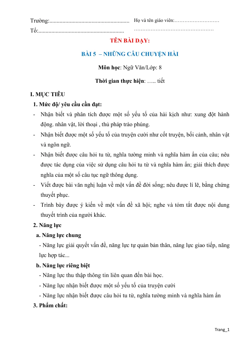 Giáo Án Ngữ Văn 8 Bài 5 Những Câu Chuyện Hài