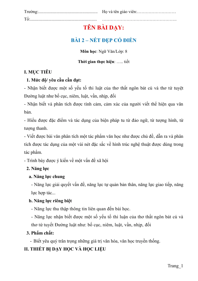 Giáo Án Ngữ Văn 8 Bài 2 Nét Đẹp Cổ Điển