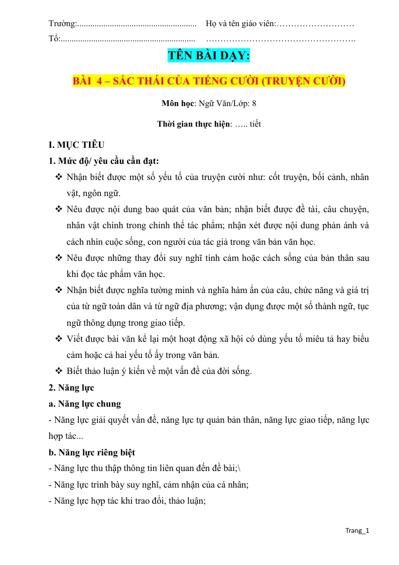 Giáo Án Ngữ Văn 8 Bài 4 Sắc Thái Của Tiếng Cười
