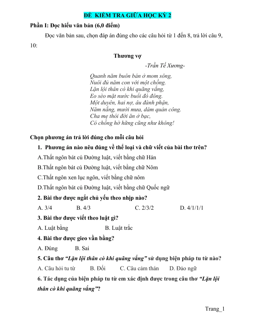 Đề Thi Giữa Học Kỳ 2 Ngữ Văn 8