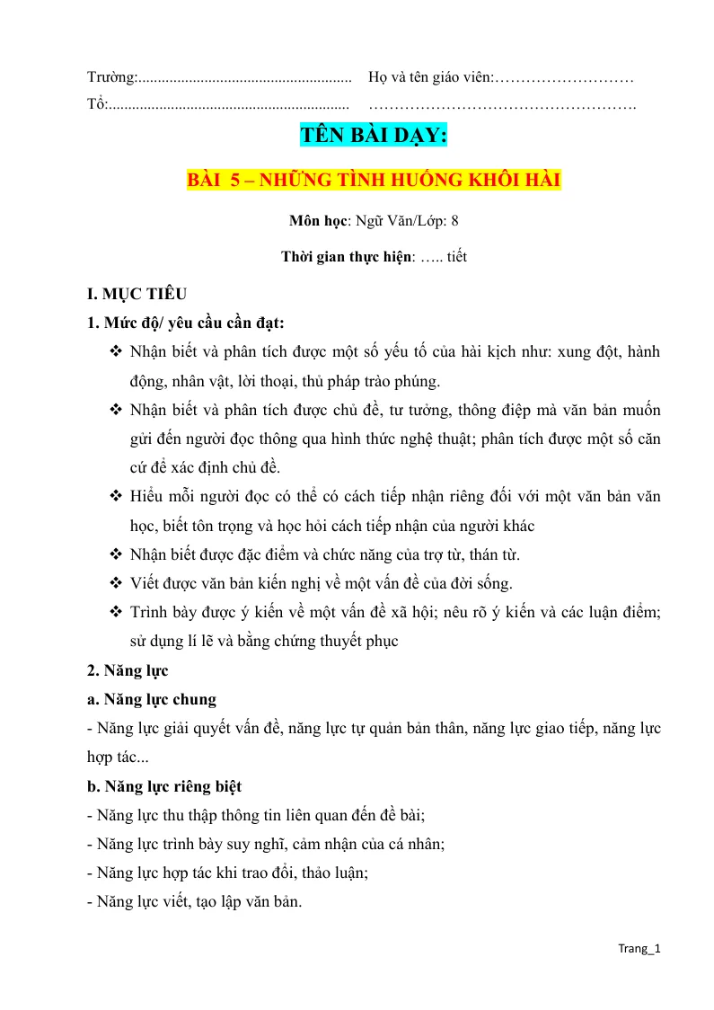 Giáo Án Ngữ Văn 8 Bài 5 Những Tình Huống Khôi Hài