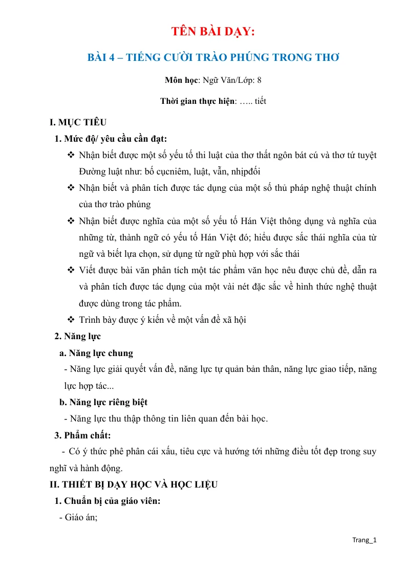Giáo Án Ngữ Văn 8 Bài 4 Tiếng Cười Trào Phúng Trong Thơ