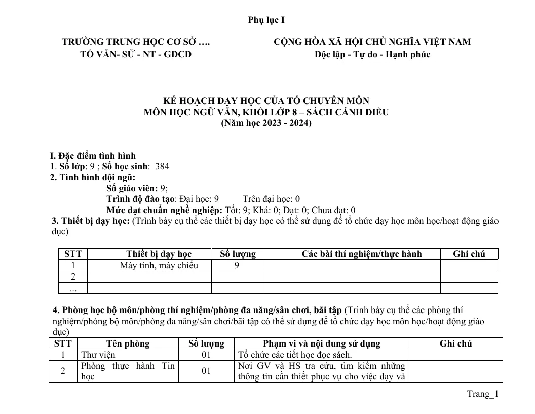 Phụ Lục 1 Môn Ngữ Văn Lớp 8 2023 - 2024