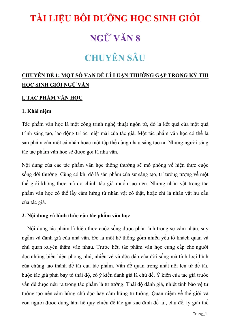 Tài Liệu Bồi Dưỡng HSG Ngữ Văn 8 Chuyên Sâu