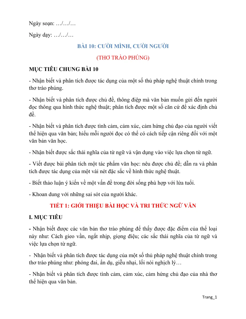 Giáo Án Ngữ Văn 8 Bài 10 Cười Mình Cười Người