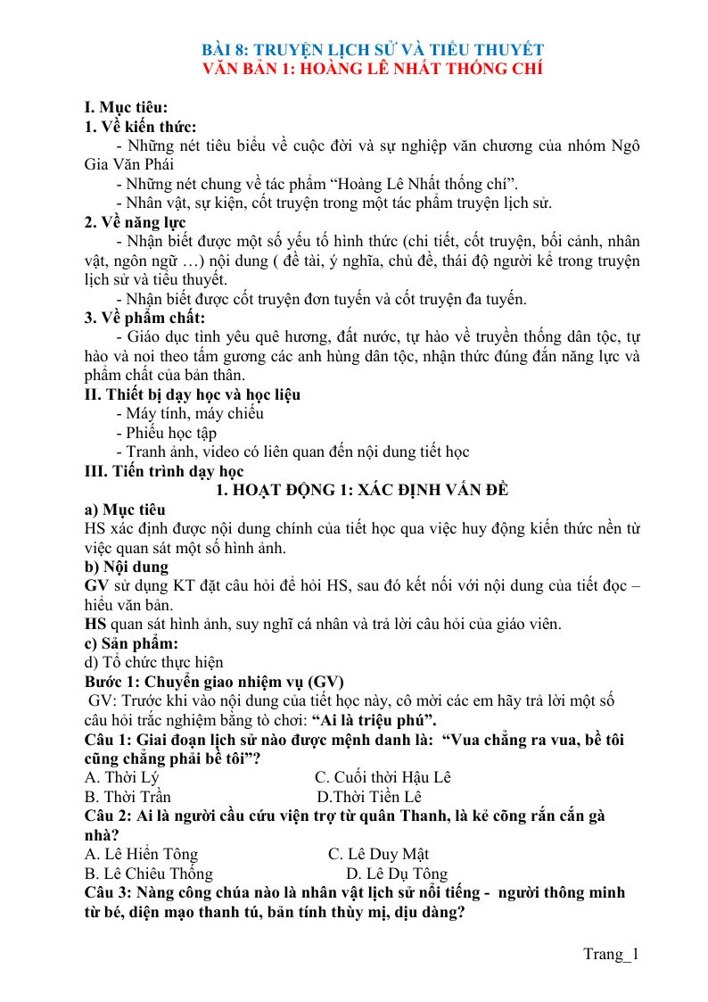 Giáo Án Ngữ Văn 8 Bài 8 Truyện Lịch Sử Và Tiểu Thuyết