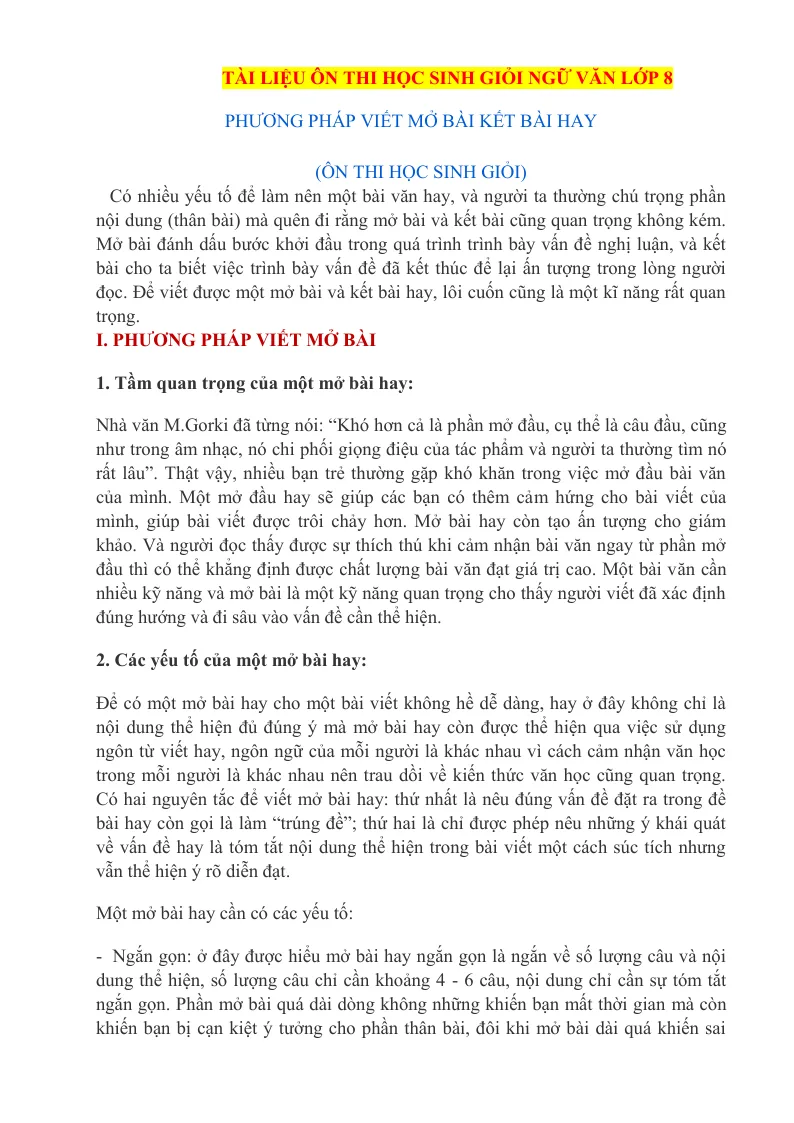 Tài Liệu Ôn Thi Học Sinh Giỏi Ngữ Văn 8