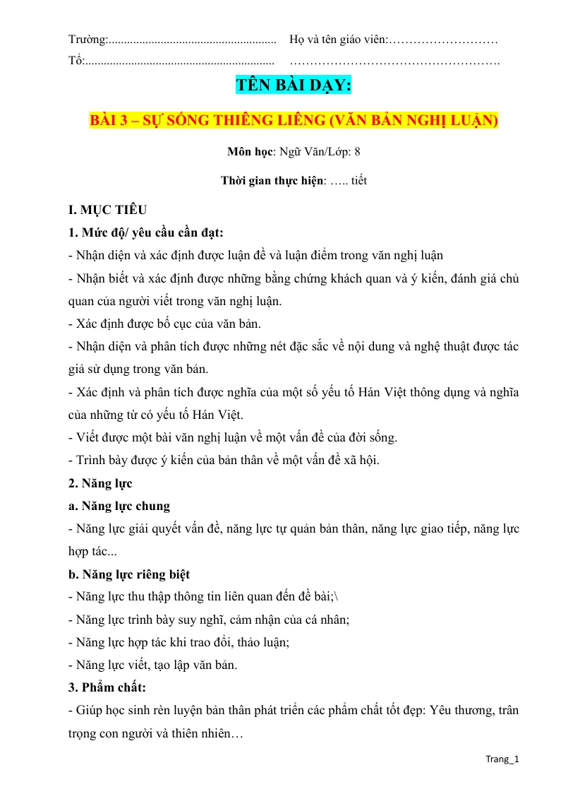 Giáo Án Ngữ Văn 8 Bài 3 Sự Sống Thiêng Liêng