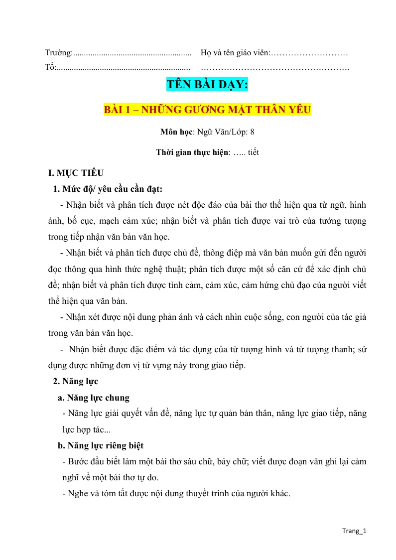 Giáo Án Ngữ Văn 8 Bài 1 Những Gương Mặt Thân Yêu