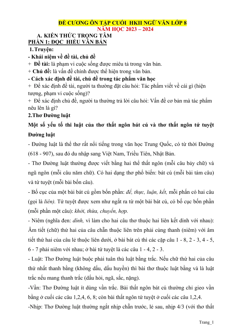 Đề Cương Ôn Tập Học Kỳ 2 Ngữ Văn 8