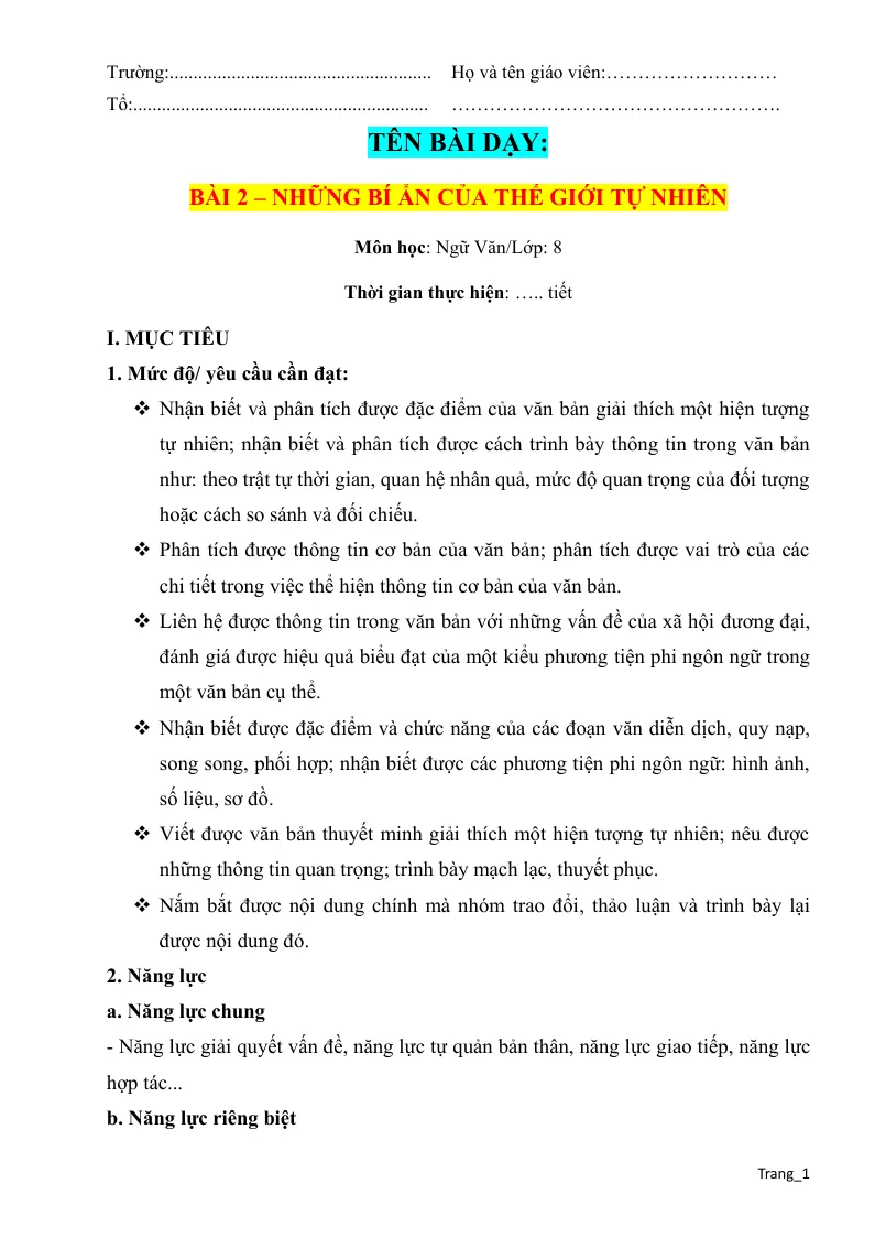 Giáo Án Ngữ Văn 8 Bài 2 Những Bí Ẩn Của Thế Giới Tự Nhiên