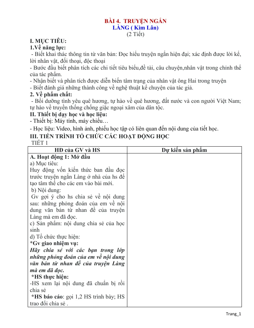 Giáo Án Ngữ Văn 9 Bài 4 Truyện Ngắn