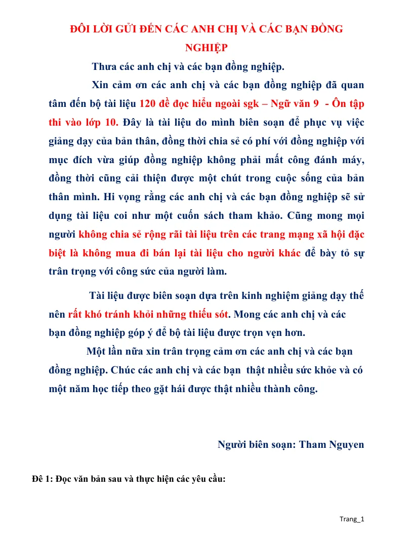 120 Đề Đọc Hiểu Ngữ Văn 9 Ngoài Chương Trình Ôn Thi Vào 10