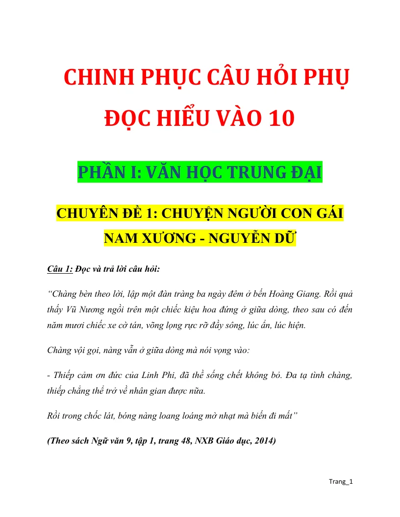 Các Chuyên Đề Đọc Hiểu Theo Từng Tác Phẩm Ôn Thi Vào 10