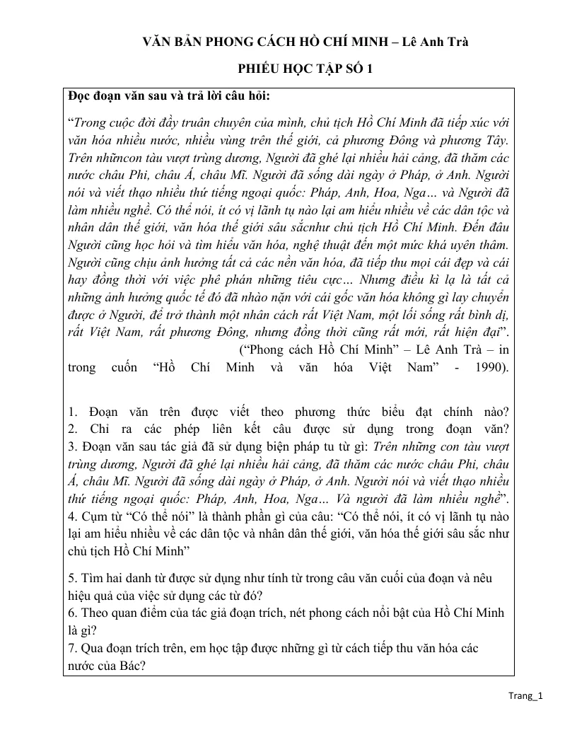 Phiếu Học Tập Ngữ Văn 9 Cả Năm Theo Từng Bài Học