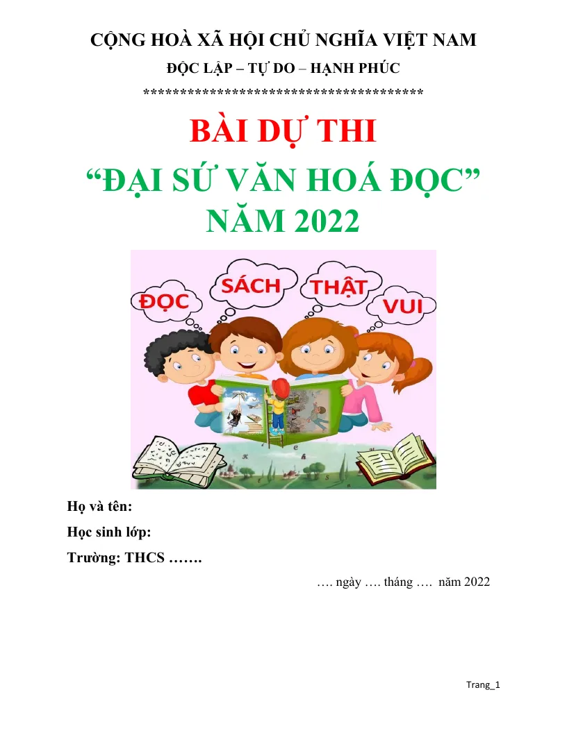 Bài Dự Thi Đại Sứ Văn Hóa Đọc Năm 2022