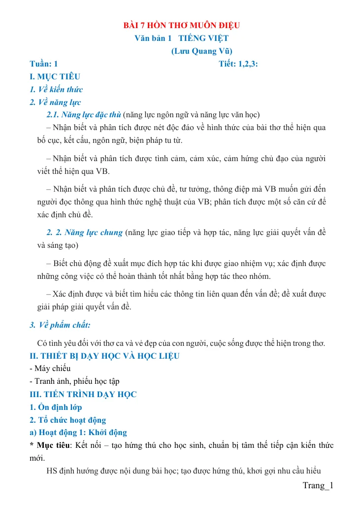 Giáo Án Ngữ Văn 9 Bài 7 Hồn Thơ Muôn Điệu