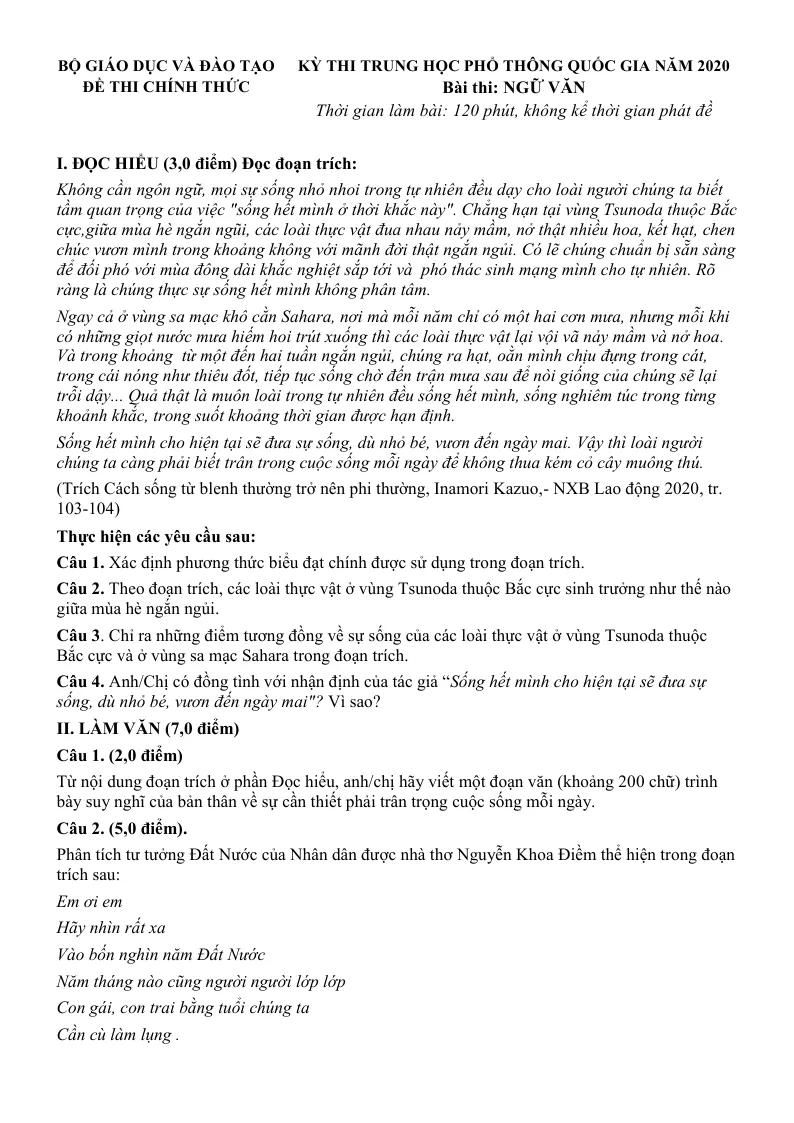 Đáp Án Đề Thi Tốt Nghiệp THPT Quốc Gia 2020 Môn Văn