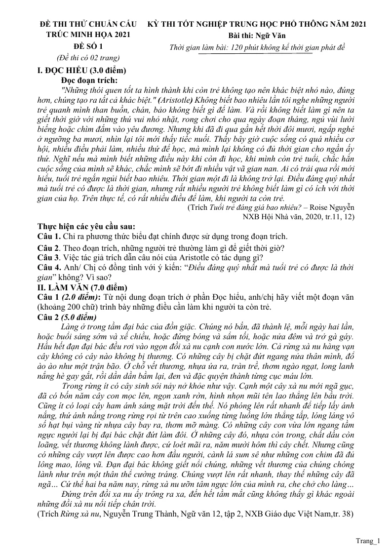Bộ Đề Thi Thử Tốt Nghiệp THPT 2021 Ngữ Văn Theo Đề Minh Họa Có Lời Giải Và