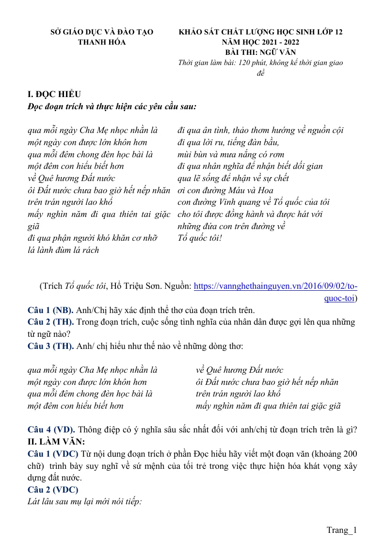 Đề Thi Thử Tốt Nghiệp THPT Ngữ Văn 2022 Sở GD Thanh Hóa