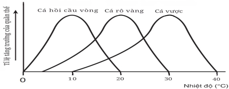 Sơ đồ dưới đây thể hiện ảnh hưởng của nhiệt độ đến tỉ lệ tăng trưởng của các quần thể cá (ảnh 1)