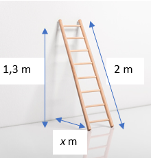 Tìm khoảng cách từ chân thang tới góc tường biết thang dài 2m và tường cao 1,3m (ảnh 1)