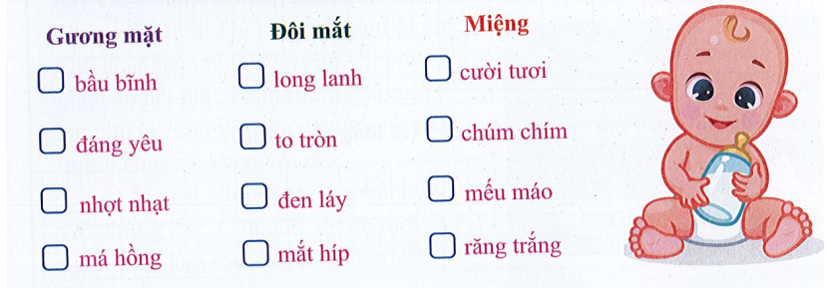 Em hãy đánh dấu () vào ô thích hợp với đặc điểm của em bé dưới đây: (ảnh 1)