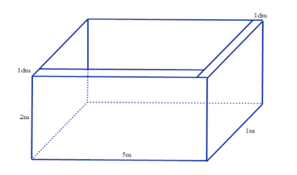 Người ta muốn xây một bồn chứa nước dạng khối hộp chữ nhật trong một phòng tắm. Biết chiều dài, chiều rộng và chiều cao của khối hộp (ảnh 1)