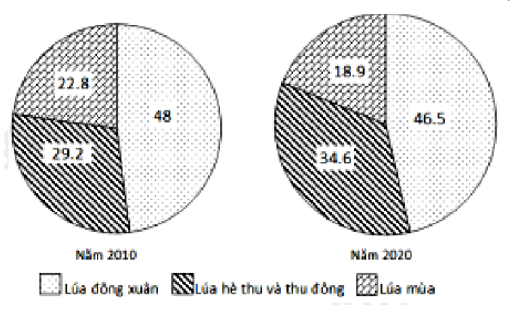 Cho biểu đồ về sản lượng lúa phân theo mùa vụ ở nước ta năm 2010 và 2020 (Đơn vị: %)    (Nguồn số liệu theo Niên giám thống kê Việt Nam 2021, NXB Thống kê, 2022) Biểu đồ thể hiện nội dung nào sau đây?  A. Sản lượng lúa phân theo mùa vụ nước ta.  B. Tốc độ tăng trưởng sản lượng lúa phân theo mùa vụ nước ta.  C. Cơ cấu sản lượng lúa phân theo mùa vụ nước ta.  D. Giá trị sản lượng lúa phân theo mùa vụ nước ta.  (ảnh 1)