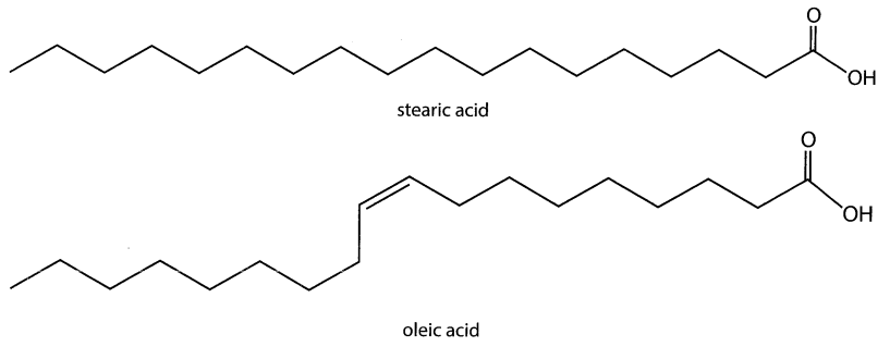 Cho cấu tạo của stearic acid và oleic acid như sau:   Phát biểu không đúng về hai acid trên là (ảnh 1)