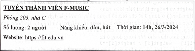 Một nhóm học sinh cần tạo một trang web để đăng thông tin tuyển thành viên cho Câu lạc bộ F-Music với các thông tin và định dạng như sau:   (Ghi chú: Các chữ gạch chân đều có màu xanh dương)  Các bạn đã viết mã lệnh HTML như sau: một độn     Sau đây là ý kiến nhận xét của nhóm học sinh khác về đoạn mã lệnh trên. a. Mã lệnh này sẽ không hiển thị đúng tiêu đề theo yêu cầu. b. Thẻ <a> dòng 12 đang đặt sai vị trí. c. Cần bổ sung thêm thuộc tính font-color cho thẻ <b> trên dòng 10 và 11 để đặt màu cho chữ. d. Trang web sẽ không hiển thị chính xác tiếng Việt. (ảnh 1)