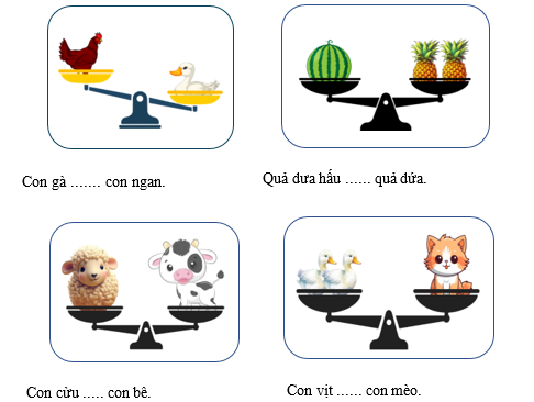 Điền các từ “ nặng hơn, nhẹ hơn, nặng bằng” vào chỗ trống thích hợp. (ảnh 1)