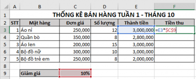 Câu 18. Cho bảng dữ liệu: Khi sao chép công thức tính Tiền thu tại ô F3 là “=E3*C$9” (Hình 3) sang ô F5, công thức tại ô F5 là gì? (ảnh 1)