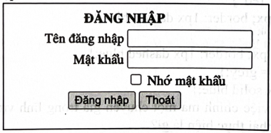 Hầu hết các hệ thống công nghệ thông tin hiện nay đều cần bảo mật và đều có bước Đăng nhập trước khi vào bên trong. Thầy giáo cho học sinh xem một ví dụ về một trang web đăng nhập như sau:   Sau khi xem xong biểu mẫu này trên lớp, các học sinh đã có những phát biểu về mã lệnh HTML tương ứng. Hãy cho biết, phát biểu nào là đúng. a. Sử dụng thẻ <form> kết hợp thẻ <table> để tạo biểu mẫu có nội dung như trên.  b. Đoạn mã HTML sau cho phép tạo ra hai dòng tên đăng nhập và mật khẩu như yêu cầu. Tên đăng nhập <input type=